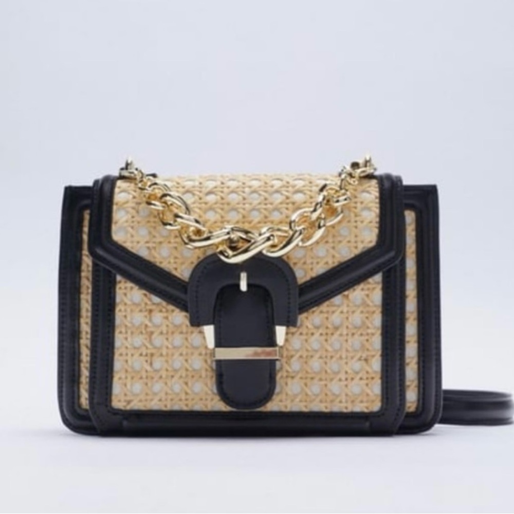 Zara Rattan Crossbody Bag with Gold Chain